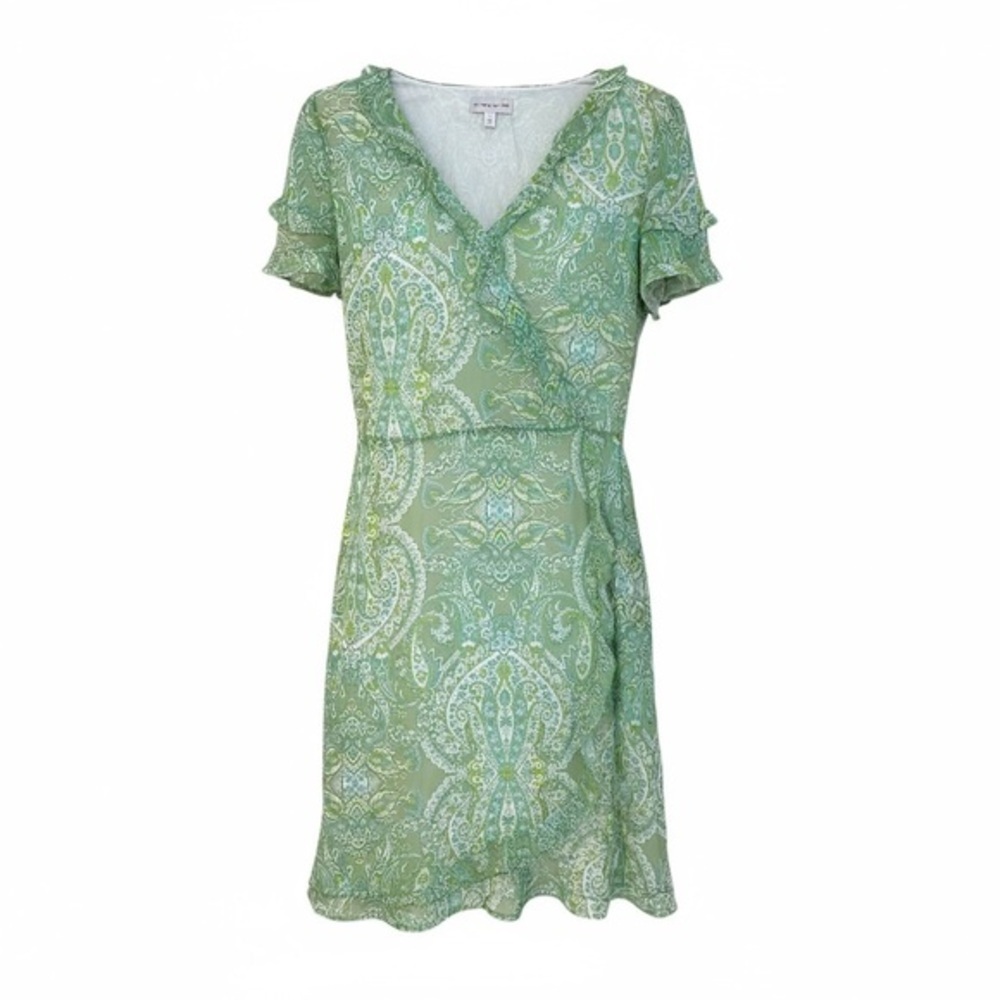 ETRO ✘ Paisley Faux Wrap Ruffle Dress Green Surplice V Neck IT 44 Cotton Italy M